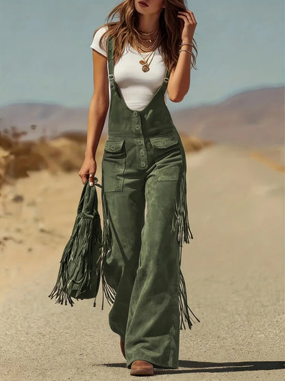Women's Four-Season Retro Western-Style Tassel Design Overalls, Suitable for Daily Commuting, Going Out, Dating, Holiday Parties, and Various Occasions