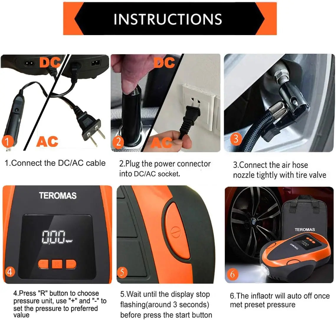 Portable Air Compressor for Car Tires, Digital Electric Pump with Pressure Gauge, 12V DC/110V AC for Inflatables