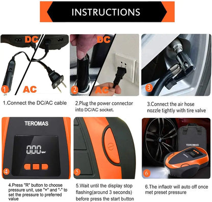 Portable Air Compressor for Car Tires, Digital Electric Pump with Pressure Gauge, 12V DC/110V AC for Inflatables