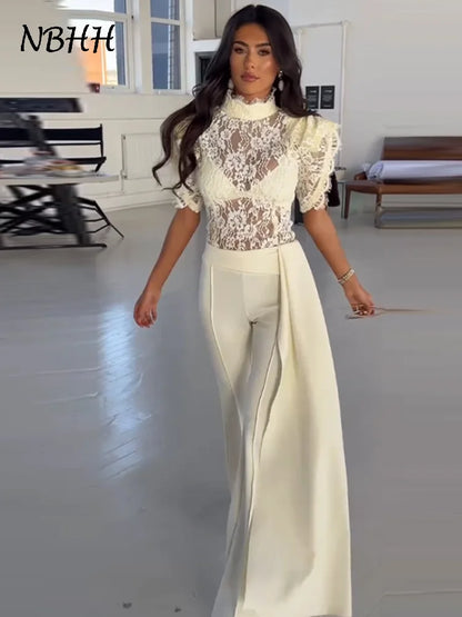 Elegant Ruffles Lace Top Ribbon Flare Pants Sets Women Short Sleeve See through Top High Waist Pant 2026 Summer Evening Outfit