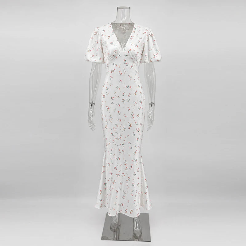 TARUXY Stylish Printed Maxi Dress Women Elegant Slim V-Neck Short-Sleeve Evening Dress Summer New Casual Commuter Female Dress