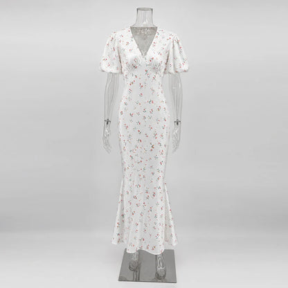 TARUXY Stylish Printed Maxi Dress Women Elegant Slim V-Neck Short-Sleeve Evening Dress Summer New Casual Commuter Female Dress
