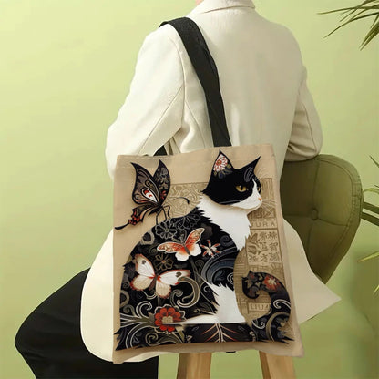 Classic Black And White Cat Tote Bag With Cat Print, Reusable Shoulder Shopping Beach Bag For Women, Durable Casual Carryall