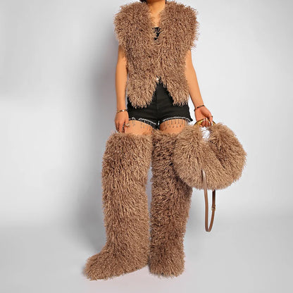 Spice Girl Solid Color Plush Women's Shoulder Bags Exquisite Handle Female Handbag Casual Versatile Furry Ladies Messenger Bag