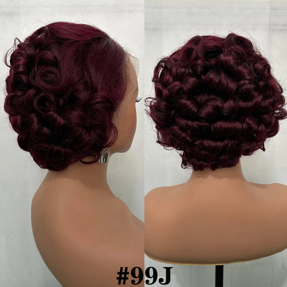 100% Human Hair Glueless Wigs 8" Short Loose Curly Glueless Pixie Cut 180% Density Brazilian Virgin Hair 13x4 Lace Frontal Wigs