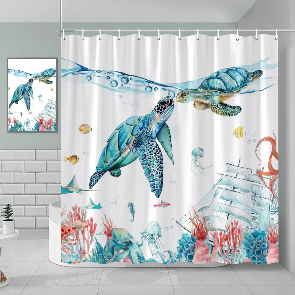 Nautical Green Sea Turtle Beach Theme Fabric Shower Curtain Set Bathroom Blue Ocean Decor with Grommets and Hooks