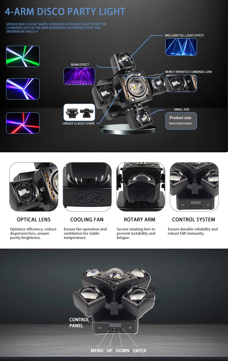 4-Arm Mini Disco Party Light Remote Control 80W LED Beam Moving Head DJ Light DMX Strobe Stage Effect For Club Wedding Events
