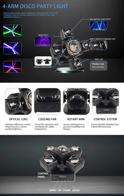 4-Arm Mini Disco Party Light Remote Control 80W LED Beam Moving Head DJ Light DMX Strobe Stage Effect For Club Wedding Events