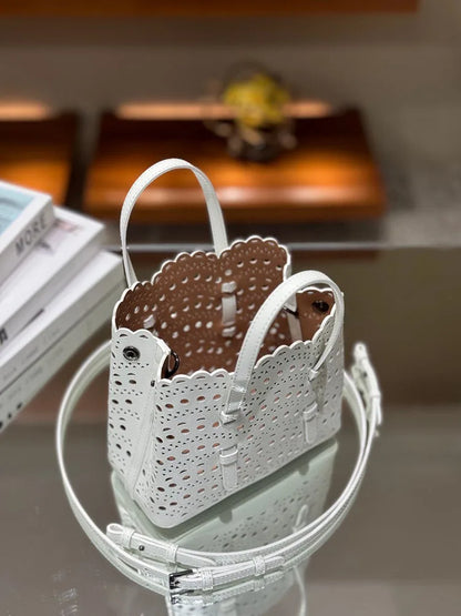 New Tote Bag French Cowhide Handmade Bag Niche Laser Engraved Hollow Leather Vegetable Basket Bag Casual Versatile Temperament