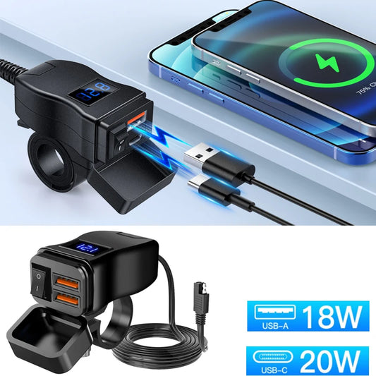60W Motorcycle USB Fast Charger PD QC3.0 Power Supply Adapter Handlebar Dual USB Socket Waterproof with Switch Voltmeter