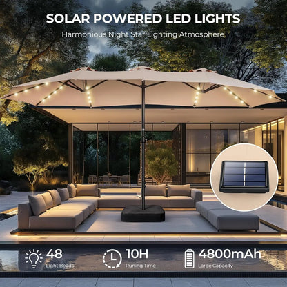 Double Sided Patio Umbrellas - 15ft Solar Lights LED Lighted Outdoor Extra Large Market Table Umbrella with Base, Customized