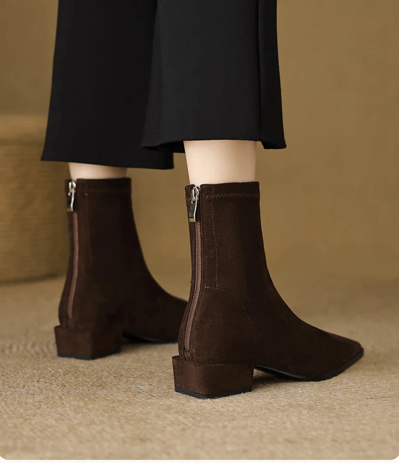 Autumn Vintage Suede Women Ankle Boots Ladies Concise Pointed Toe Thick Heel Short Botas Zapatos De Mujer