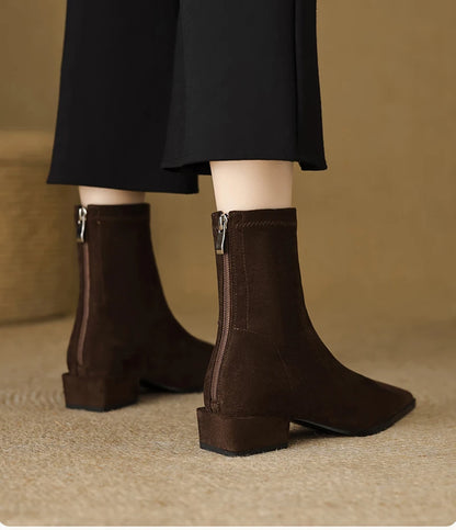 Autumn Vintage Suede Women Ankle Boots Ladies Concise Pointed Toe Thick Heel Short Botas Zapatos De Mujer