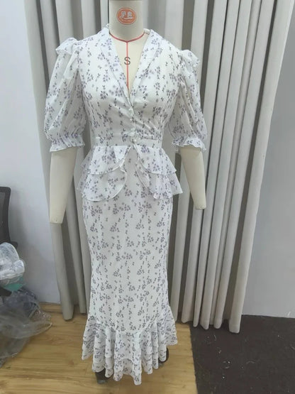 Printed V-neck Waist Cinched Pleated Dress Lapel Short Sleeve High Waisted Maxi Dresses Elegant Women's Summer New Vestidos