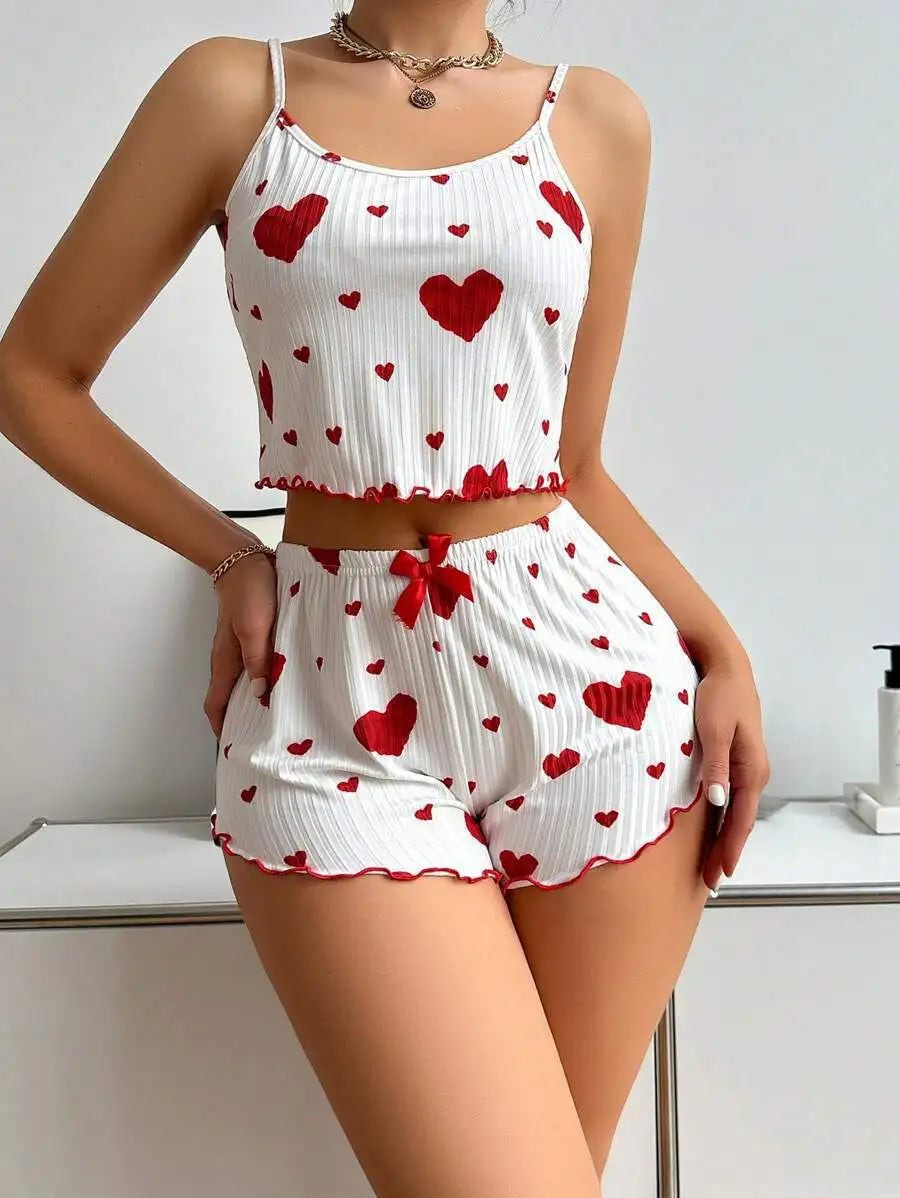2 Pcs Women's Pajamas Set,Casual Sleepwear Printed Shorts Tank Tops And Shorts White Ventilate Soft Casual Love Printing Suits