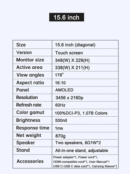 15.6inch 4K OLED Touch Screen Portable Monitor 500Nit USB-C HDMI-Compatible External 16:10 Gaming Display for Xbox Switch Laptop