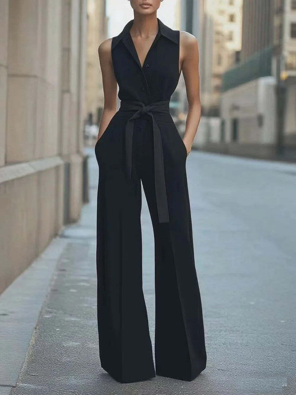 Sleeveless Lapel Jumpsuit Women's Fashion Button Down Shirt Collar Solid Color Wide Leg Commuting Office With Pocket Jumpsuit