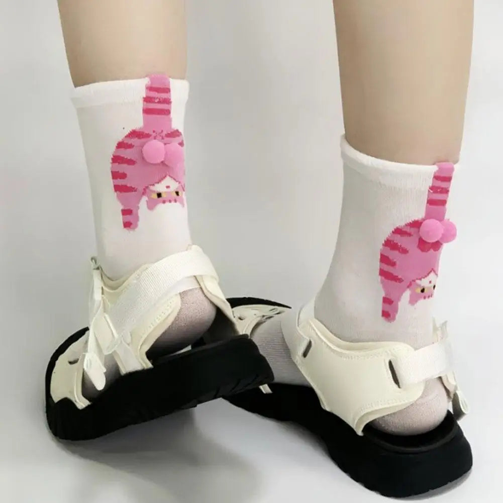 Cartoon Cat Egg Socks Soft Breathable Cute Mid Tube Cotton Socks 3D Cat Egg Balls Unique Design Trendy Funny