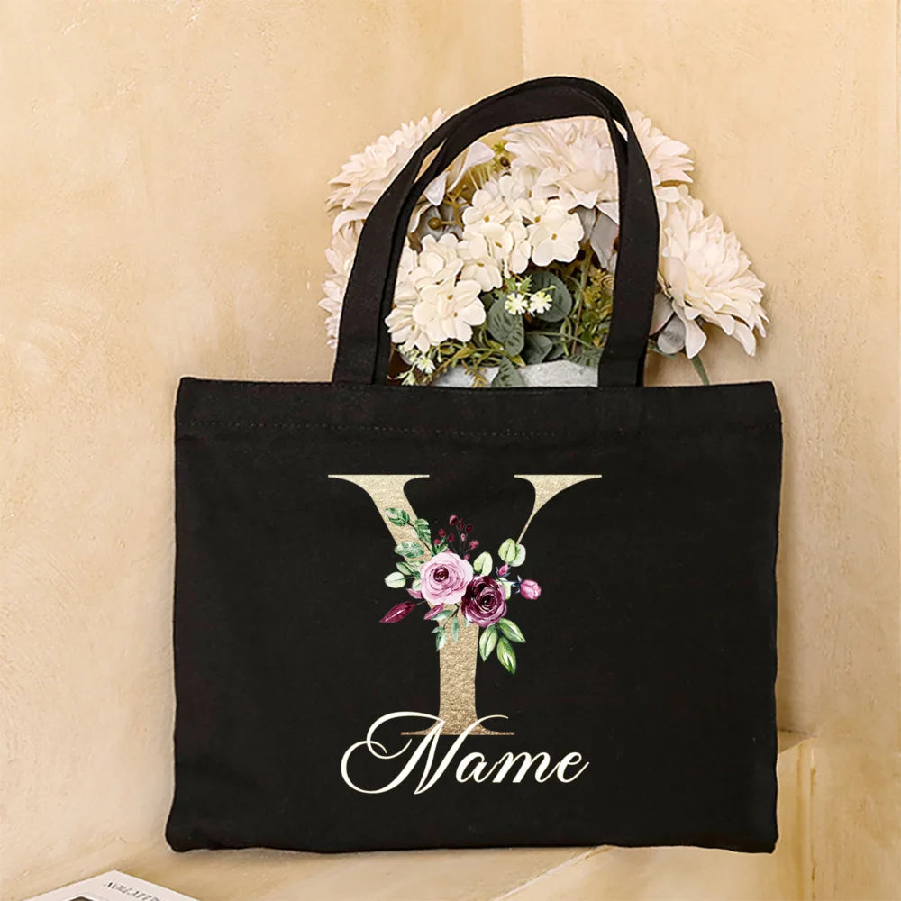 Personalized Initial with Name Tote Bag Women Canvas Shoulder Bags Monogram Shopping Bag Handbags Birthday Wedding Gifts for Her