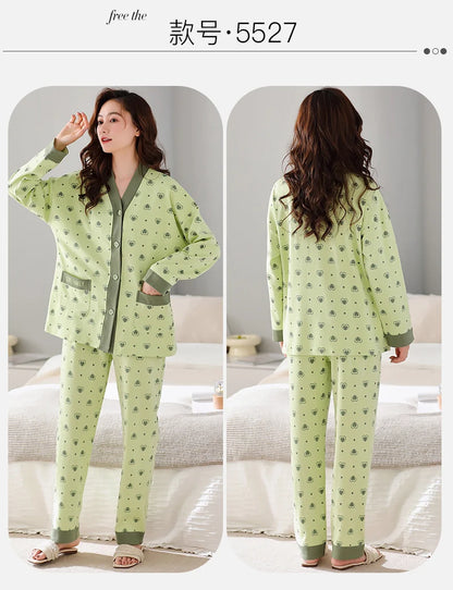 Autumn Women V-Neck Pajamas Sets Fashion Print Cotton Female Pyjamas Two Pieces Shirts + Pants Nighties Big Yards 5XL Sleepwear