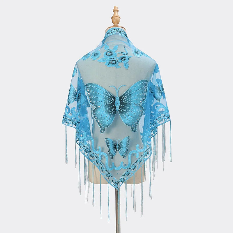 New Women Lace Tassel Triangular Scarf Solid Hollow-out Butterfly Embroidery Scarves Soft Lady Shawl Foulard Party Wrap Shawls