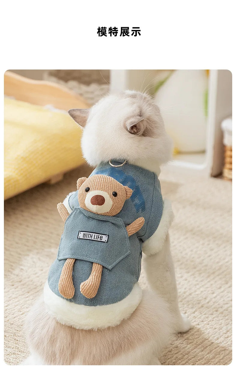 Cat autumn and winter thickened warm pocket three-dimensional bear denim traction vest small dog dog pet clothes