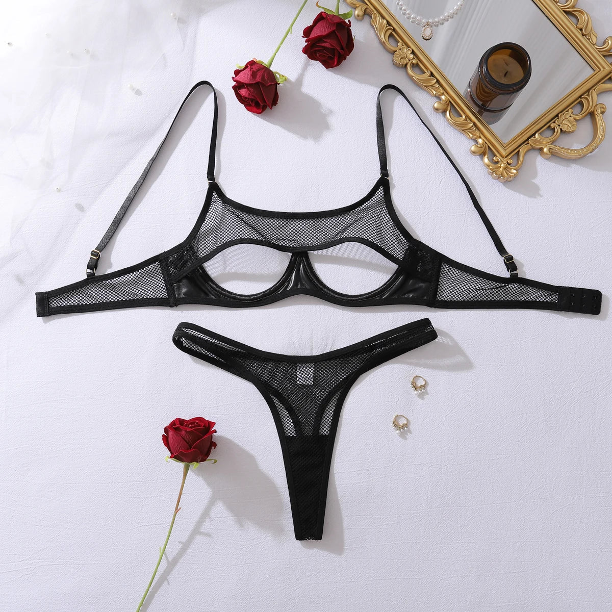AVELINE Fashion Hollow Mesh Splicing PU Leather Gathering Sexy Strap Underwear Set