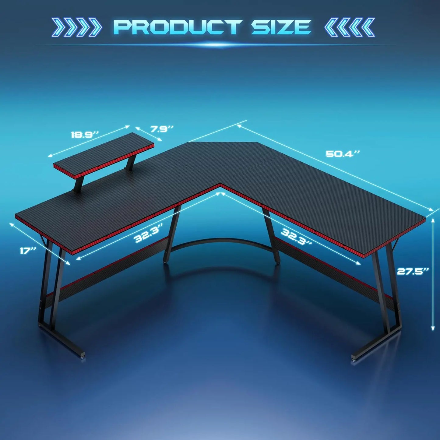 L-Shaped Gaming Desk with Monitor Stand, 51-Inch Corner Computer Table for Home Office, Sturdy Black Workstation
