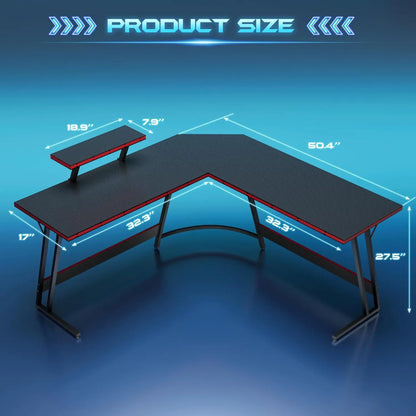 L-Shaped Gaming Desk with Monitor Stand, 51-Inch Corner Computer Table for Home Office, Sturdy Black Workstation