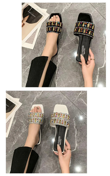 Slippers for Women Shiny Rhinestone Sandals Women Outdoor Beach Casual Shoes Sexy Fashion Big Size Flat Shoes Sandalias De Mujer