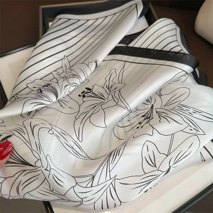 2025 New Fashion Women Silk Scarf 70cm Square Scarves Floral Print Bandana Neckerchief Hijab Lady Luxury