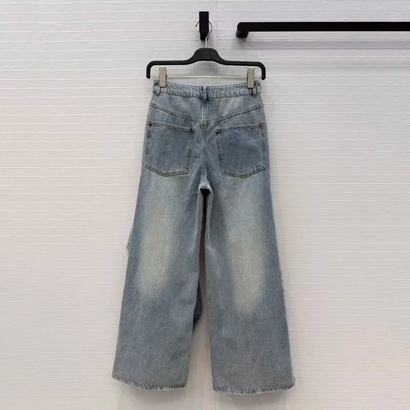 Irregular ruffled denim flared pants for women - high-waisted, loose-fitting, slimming, floor-length pants. 2026 new style.
