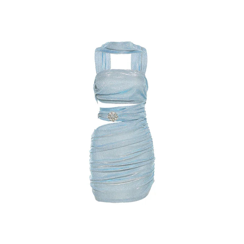 Sylcue Solid Color Flash Hollow Summer Bachelor Party Sexy Mature Beautiful Confident Tight Hot Cool Women's Halter Dress