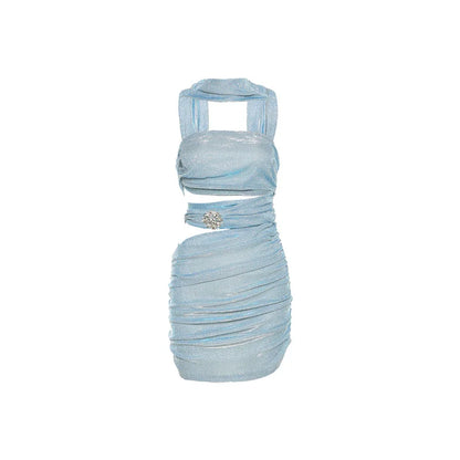 Sylcue Solid Color Flash Hollow Summer Bachelor Party Sexy Mature Beautiful Confident Tight Hot Cool Women's Halter Dress