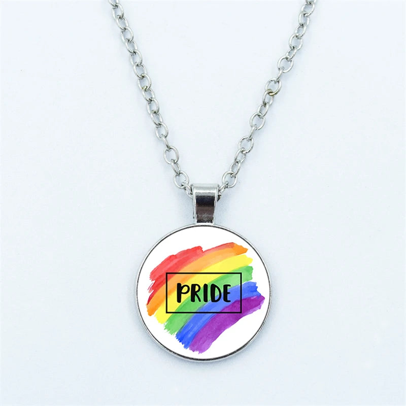 Rainbow Necklace LGBT Lesbian Gay Pride Rainbow Friendly Print Art Pattern Glass Cabochon Pendant Couple Chain Necklace Gift