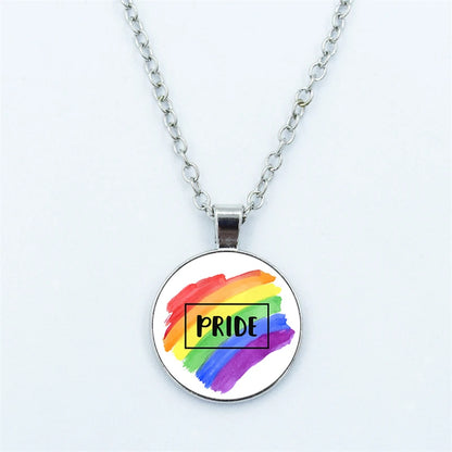 Rainbow Necklace LGBT Lesbian Gay Pride Rainbow Friendly Print Art Pattern Glass Cabochon Pendant Couple Chain Necklace Gift