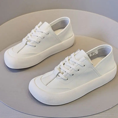 GKTINOO Genuine Leather Lace Up White Shoes For Women Flats Heel Sofe Soles Sneakers Shoes Luxury Leisure Fashion Big Head Shoes