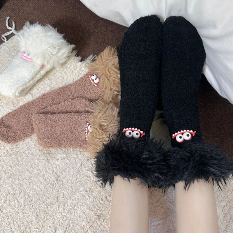 Funny Big Mouth Monster Plush Socks Cute And Fun Plush Socks Thick Coral Velvet Cartoon Sleeping Socks Winter Women Socks Gifts
