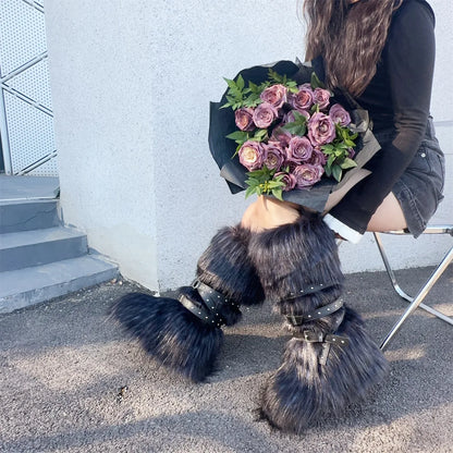 Faux Fur Knee-High Boot Round Toe Height Increasing Wild Winter Warmer Belt Buckle Slip-On Fashion Luxury Sexy Women Shoe Newest
