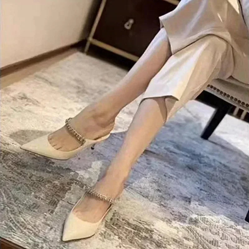 2025 New Fashionable Fine Heeled Muller Shoes with Pointed Water Diamond Chain Banquet Shallow Mouth Women's High Heel Sandals
