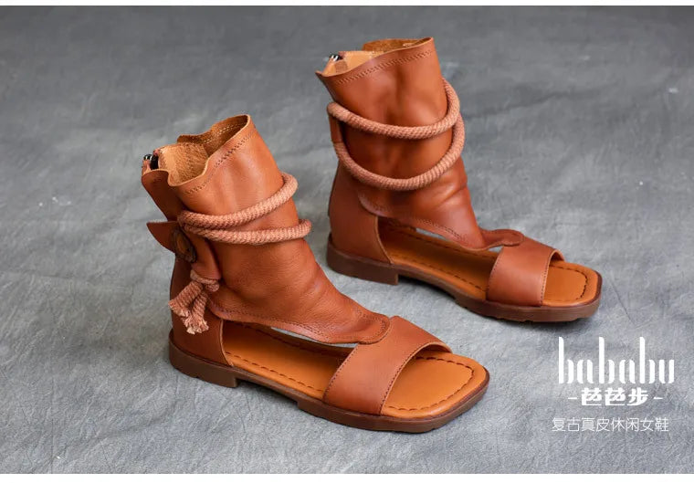 Birkuir High Top Open Toe Sandals For Women Summer Boots Luxury Hollow Out Beach Sandals Genuine Leather Flats Shoes Ladies