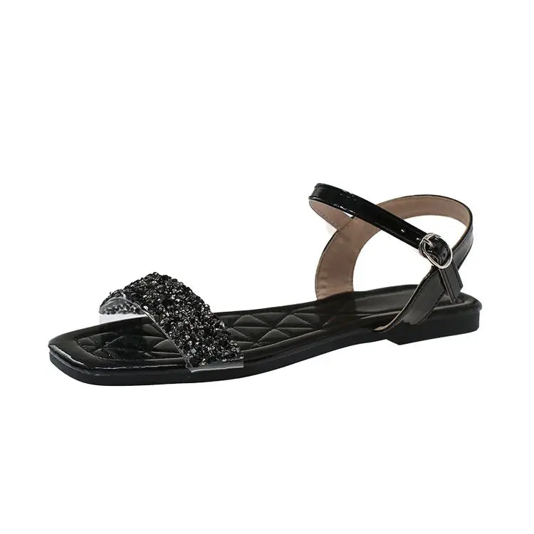 Luxury Crystal Square Toe Sandals Elegant Peep Toe Flat Slides Summer Fashionable Beach Shoes for Women