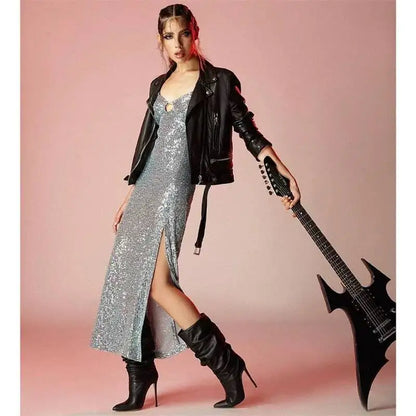 2025Women's Autumn and Winter New Pleated High-heeled Short Boots with Pointed Sleeves, Women's 35-47 Large Mid Length Boots