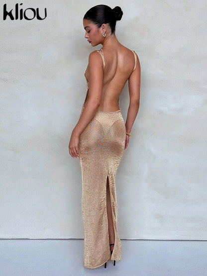 kliou Shiny Long Dress Stunning Women Solid Summer Thin Mesh Sheer Backless Sleeveless Bodycon Female Elegant Fashion Vestidos