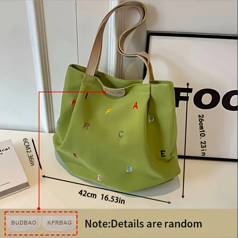 Women's large-capacity canvas handbag - fashionable embroidery letter design, green shoulder handbag