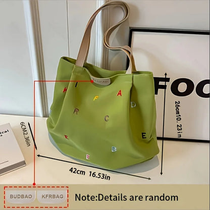 Women's large-capacity canvas handbag - fashionable embroidery letter design, green shoulder handbag