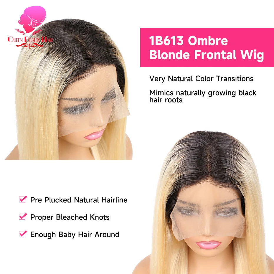 1B 613 Blonde Ombre Human Hair Wigs 13x6 Lace Front Wig Pre Plucked HD Transparent Lace Blond Black Roots Straight 180% Density