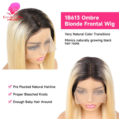 1B 613 Blonde Ombre Human Hair Wigs 13x6 Lace Front Wig Pre Plucked HD Transparent Lace Blond Black Roots Straight 180% Density