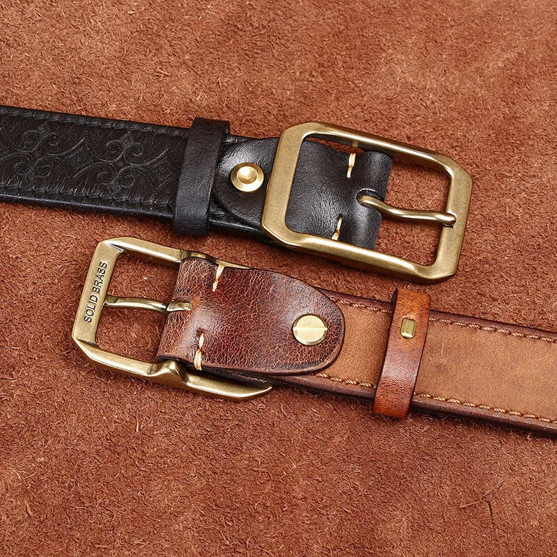 3.8CM Thickened Italian Pure Cowhide High Quality Genuine Leather Belts for Men Carving Strap Male Brass Buckle Jeans Cowboy