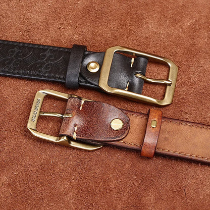 3.8CM Thickened Italian Pure Cowhide High Quality Genuine Leather Belts for Men Carving Strap Male Brass Buckle Jeans Cowboy